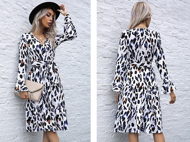 Leopard printing frenum long spring dress for women