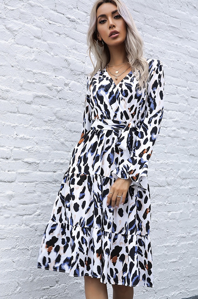 Leopard printing frenum long spring dress for women