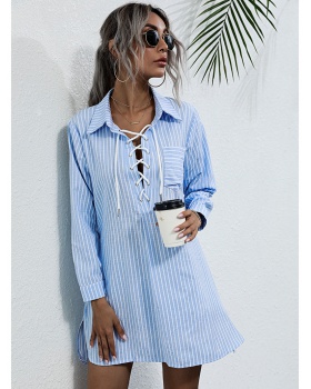 Spring European style long blue stripe commuting shirt for women