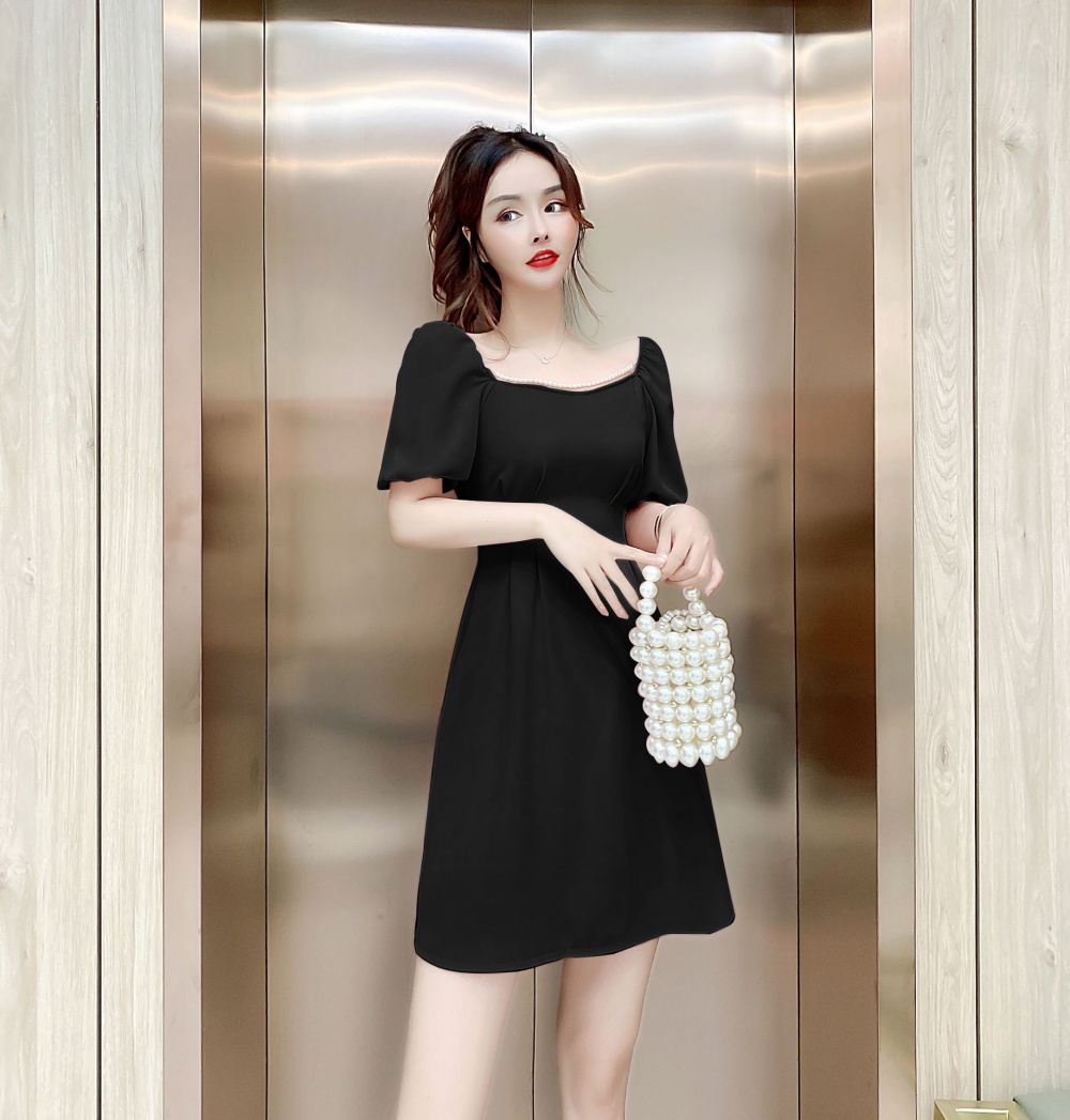 Short sleeve square collar pearls chain Korean style dress