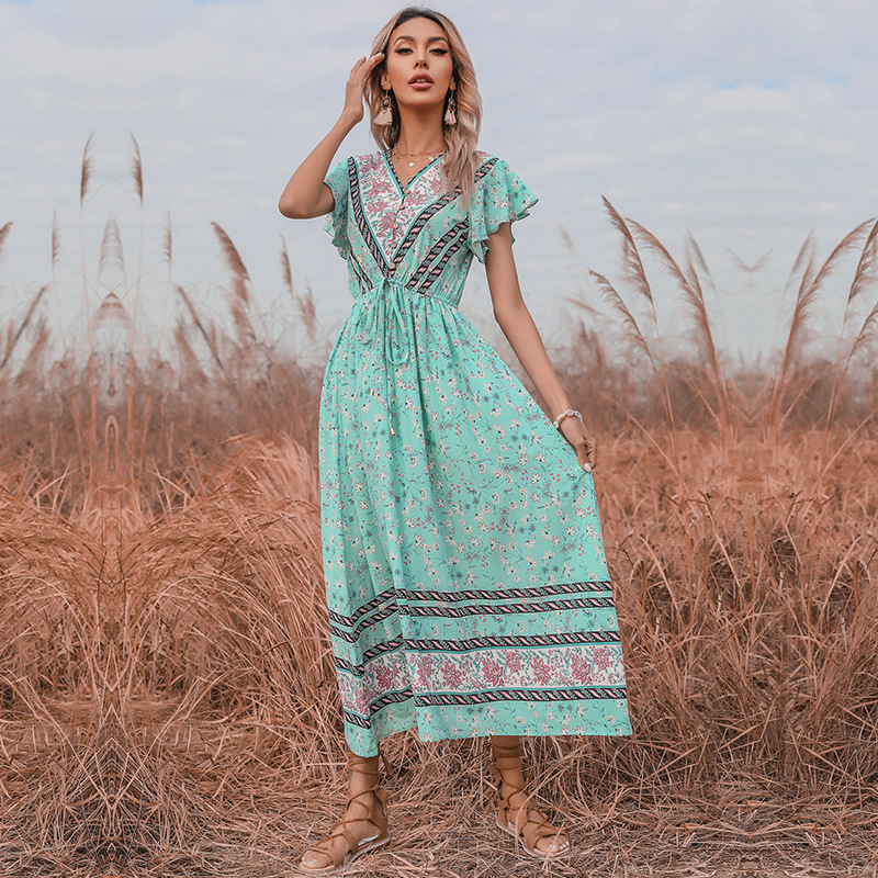 V-neck long dress European style dress for women