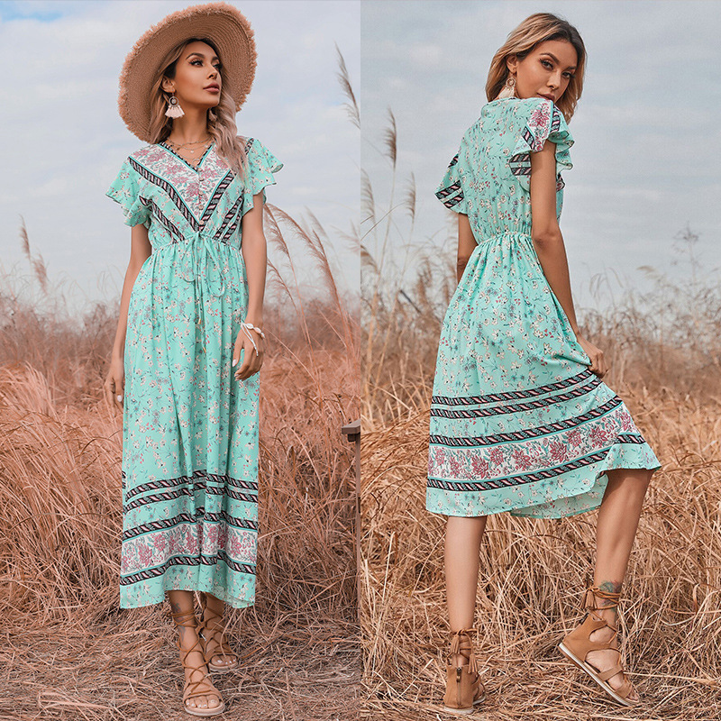 V-neck long dress European style dress for women