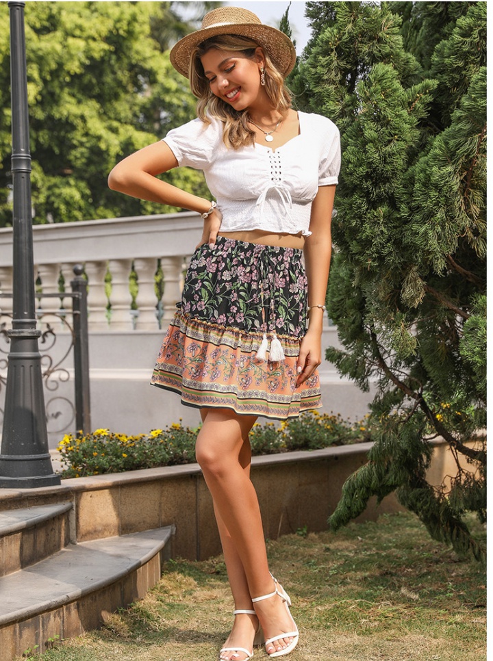 European style summer short skirt printing wood ear skirt