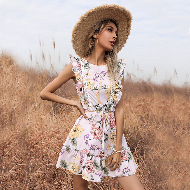 Boats sleeve summer printing round neck dress