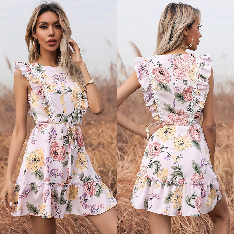 Boats sleeve summer printing round neck dress