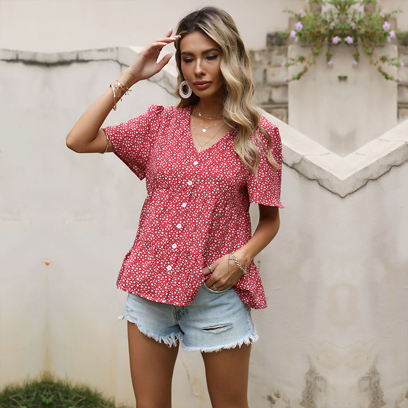 European style floral chiffon short sleeve summer loose shirt