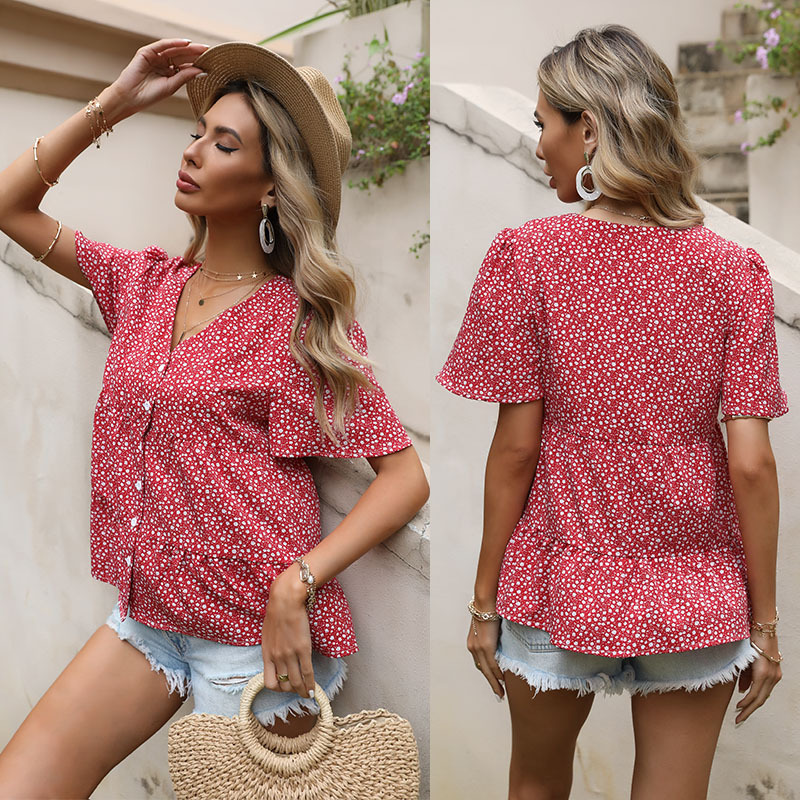 European style floral chiffon short sleeve summer loose shirt