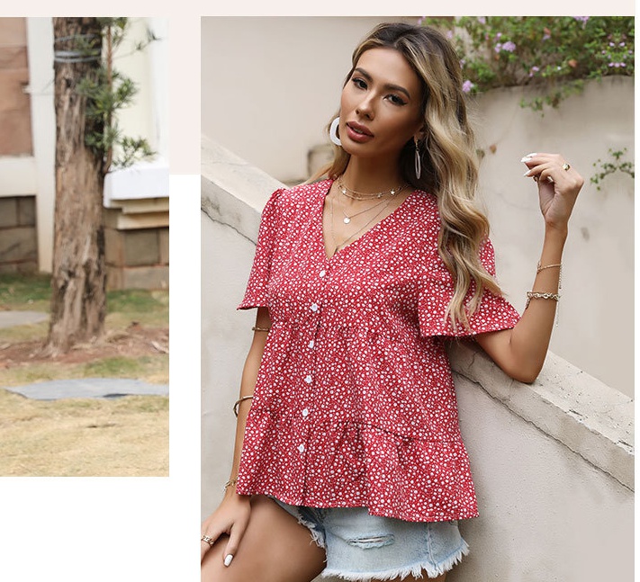 European style floral chiffon short sleeve summer loose shirt