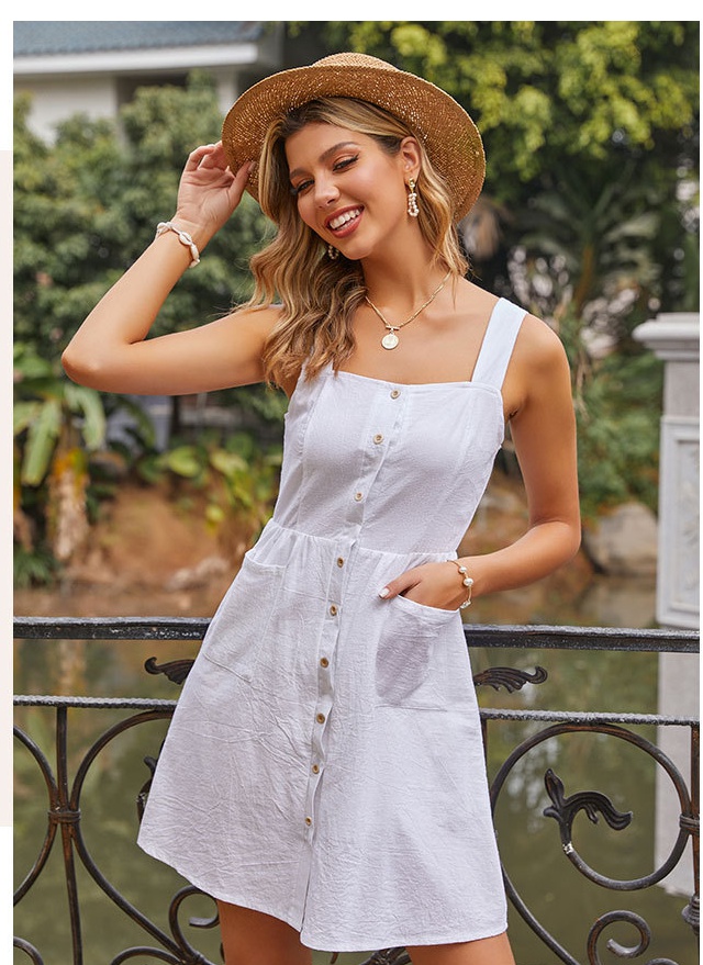 Cotton linen pure buckles vest summer pocket dress