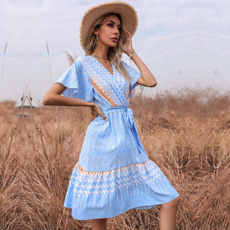 Short sleeve printing France style fold dress for women