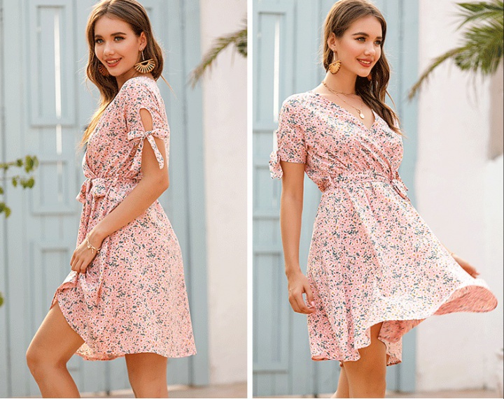 European style summer low-cut bow France style floral dress