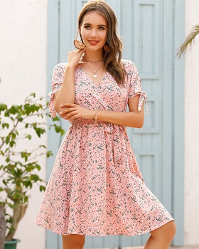 European style summer low-cut bow France style floral dress