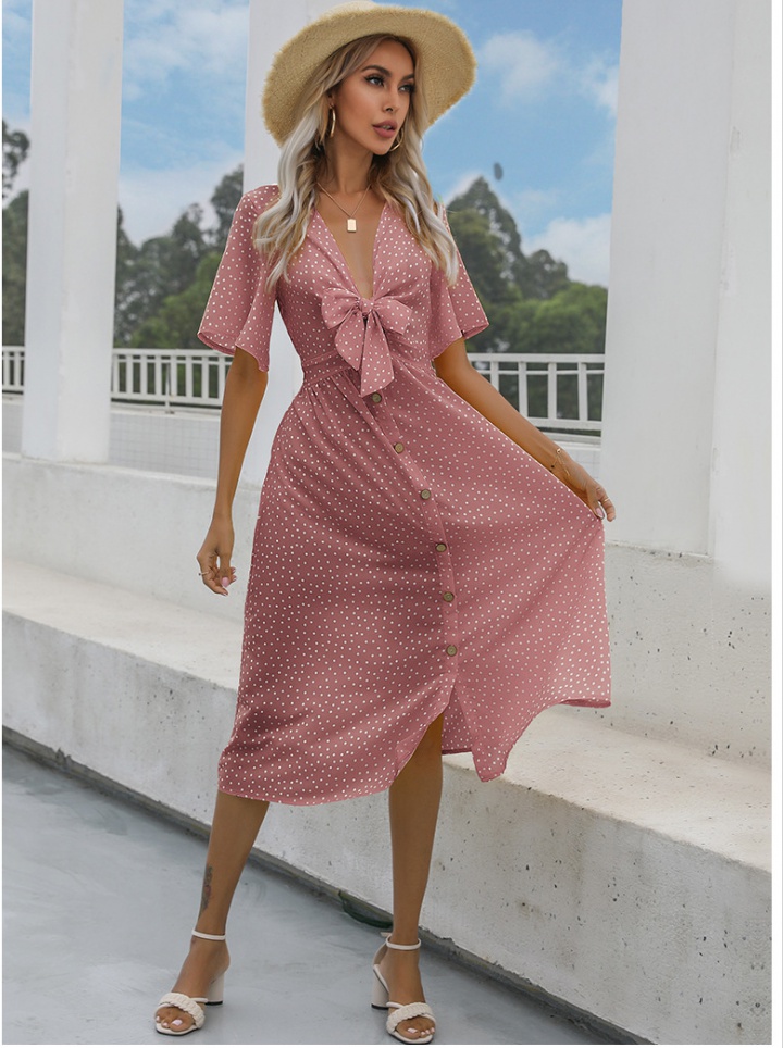 France style bow summer V-neck dress for women