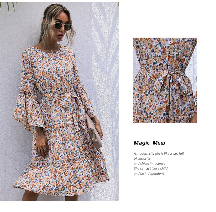 Floral spring long sleeve European style dress for women