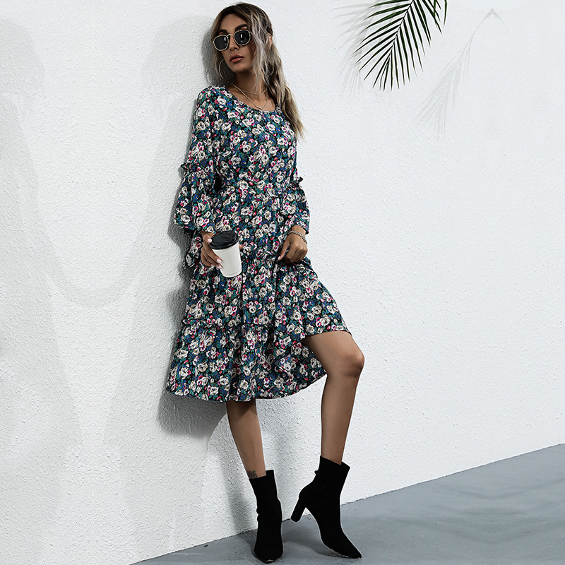Floral spring long sleeve European style dress for women