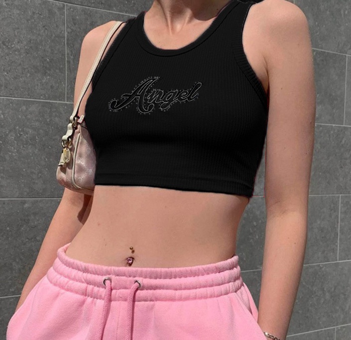 Printing angel letters summer navel tight sports vest