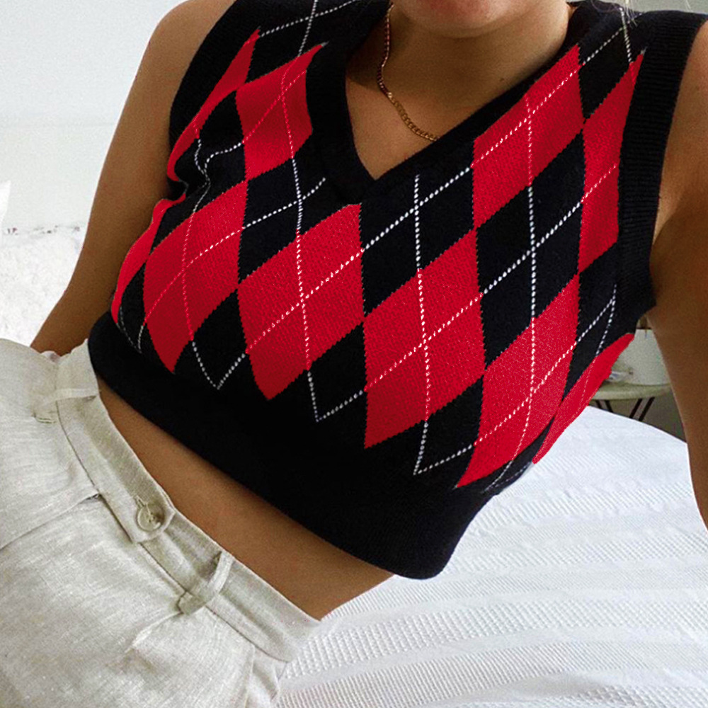 Sleeveless knitwear tops plaid mixed colors vest