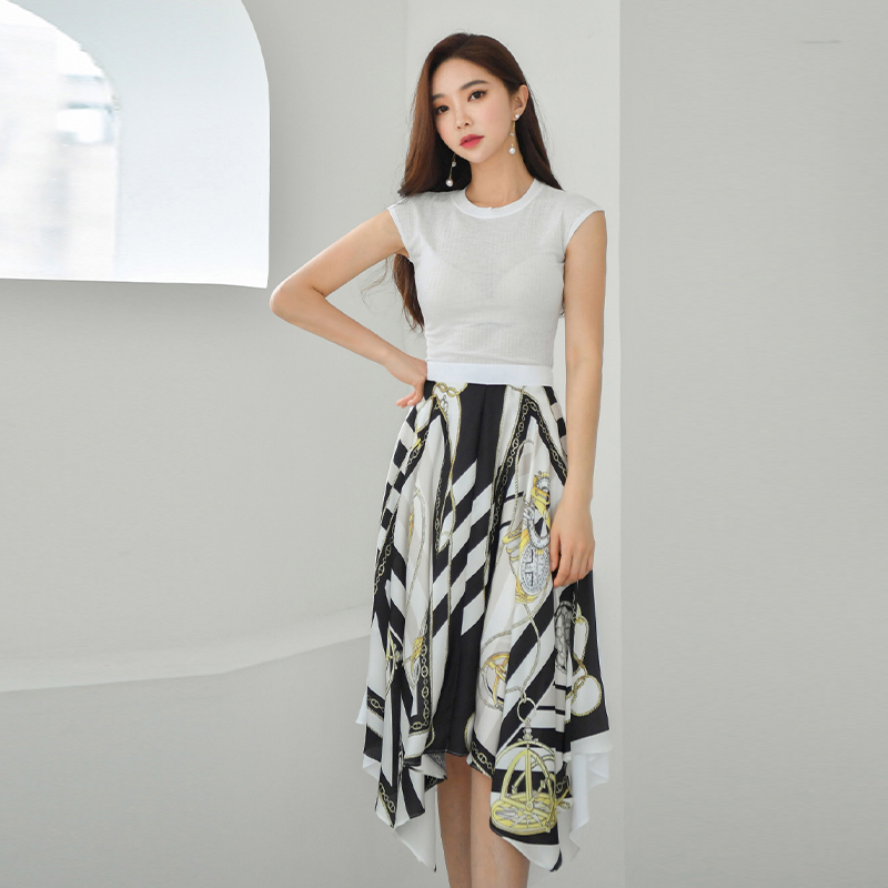 Spring short sleeve tops printing elegant short skirt