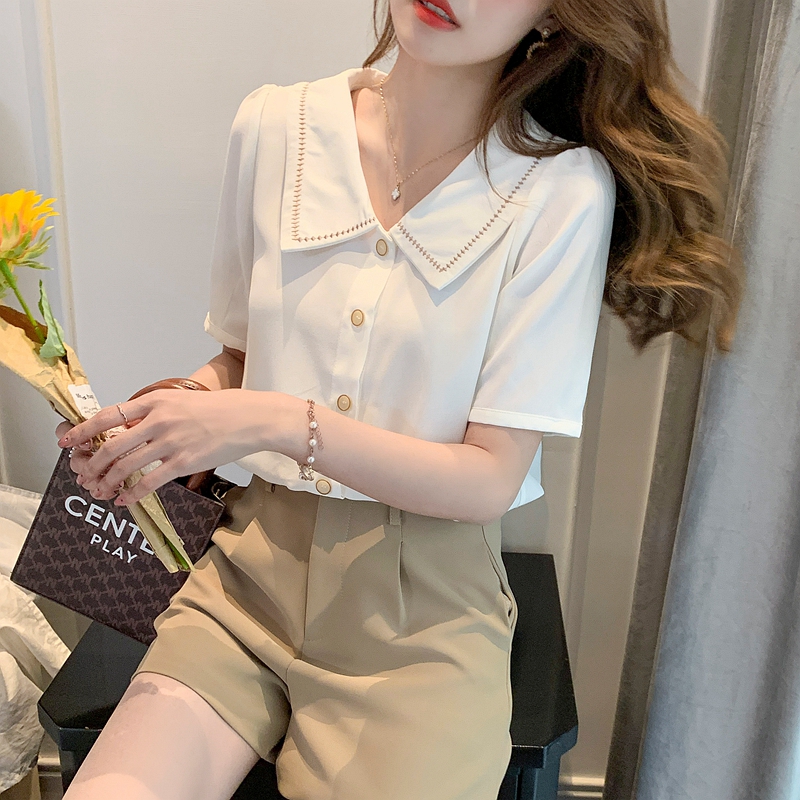 Doll collar white tops short sleeve summer shirt for women