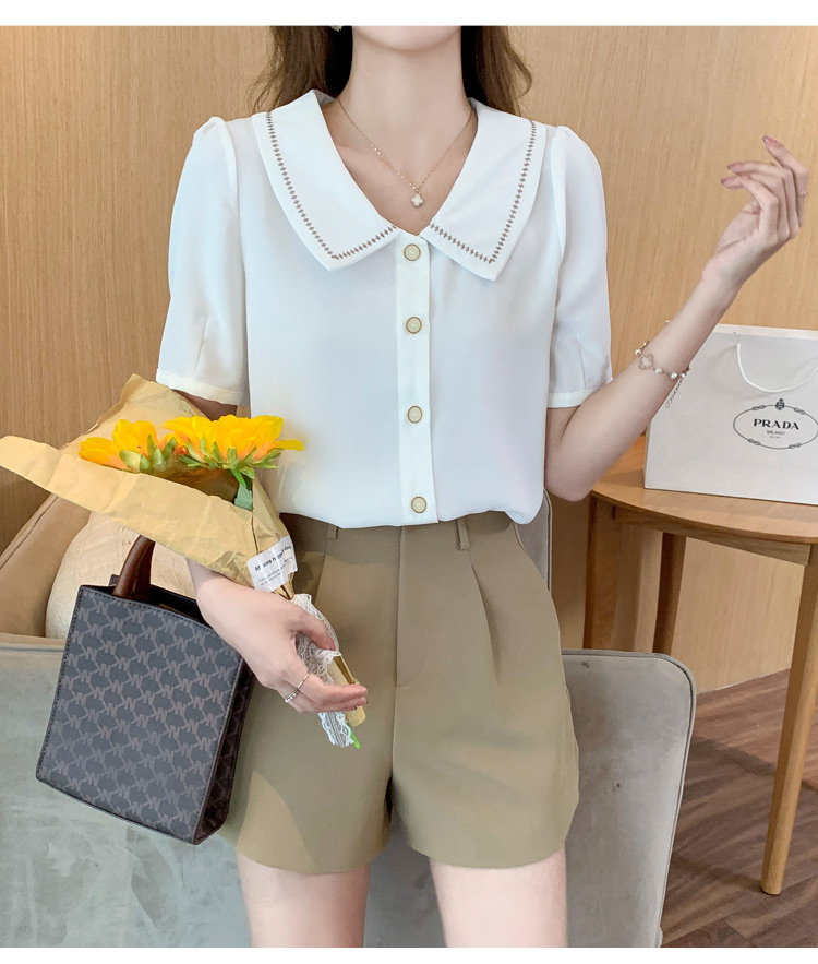 Doll collar white tops short sleeve summer shirt for women