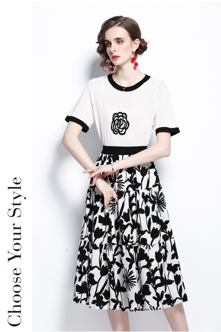 Knitted printing tops fashion flowers skirt 2pcs set