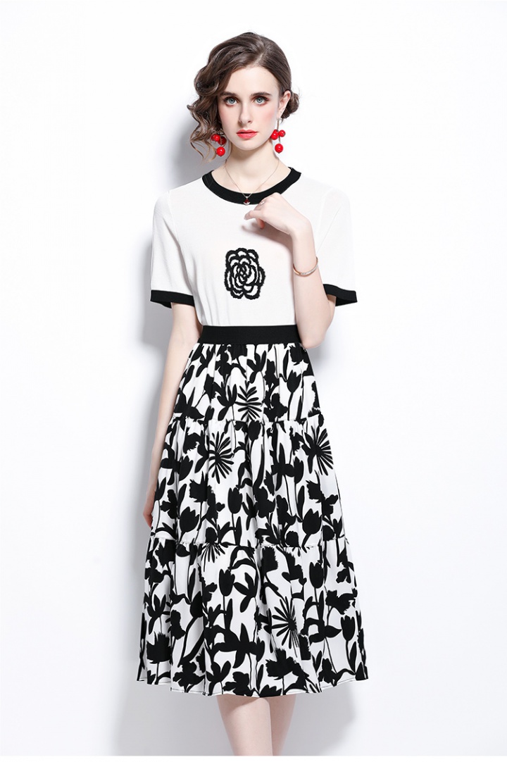 Knitted printing tops fashion flowers skirt 2pcs set
