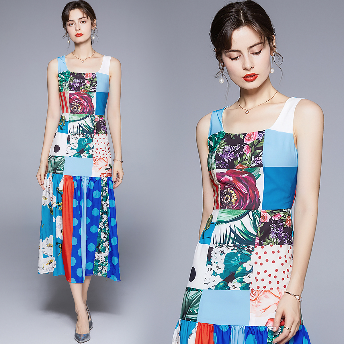 Catwalk printing dress mixed colors long dress