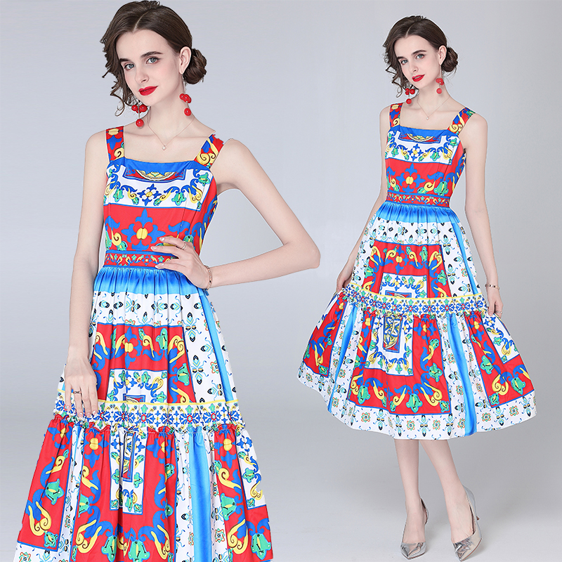 Summer slim sling big skirt blue printing dress