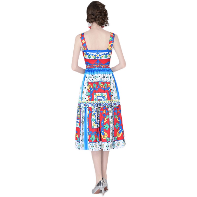 Summer slim sling big skirt blue printing dress