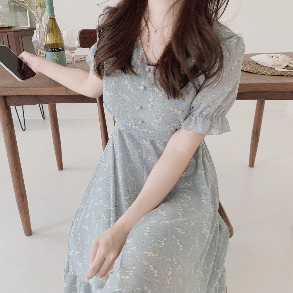 Slim summer long pinched waist Korean style V-neck dress