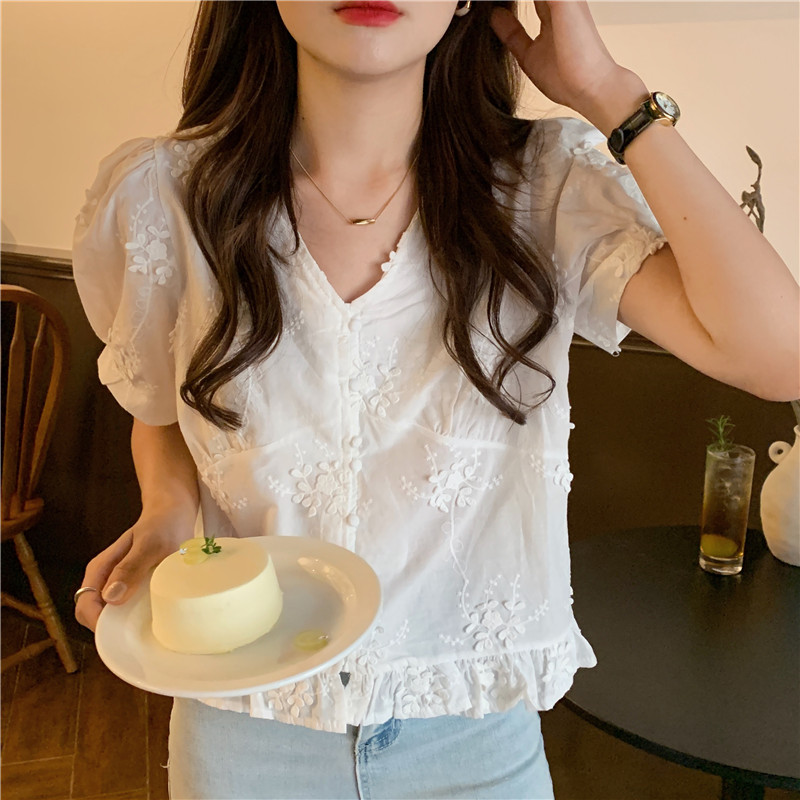 Refreshing embroidery Korean style shirt