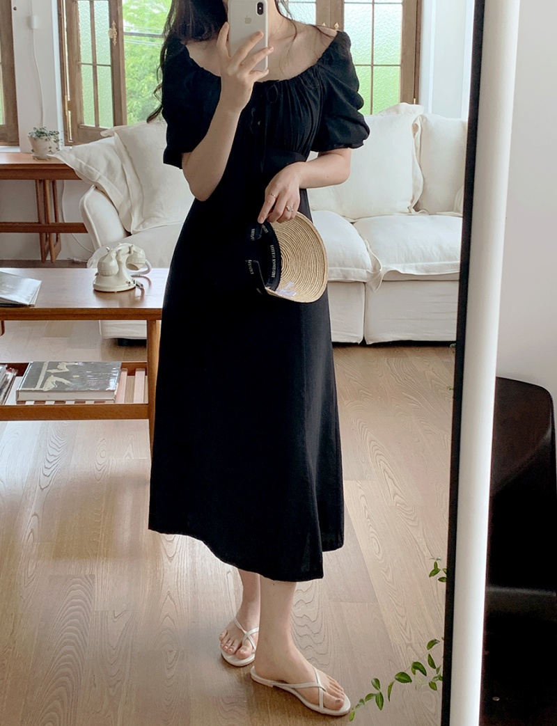 Long summer Korean style pinched waist romantic slim dress