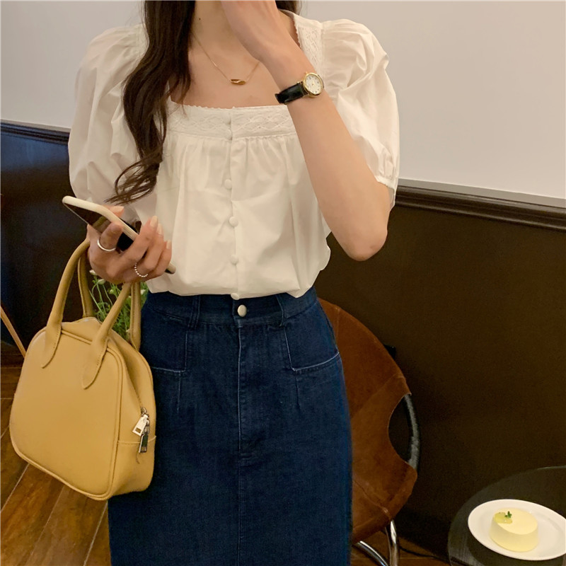 Splice square collar lace short sleeve pure shirt