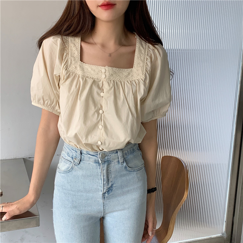Splice square collar lace short sleeve pure shirt