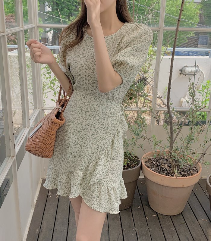 Chiffon sweet pinched waist Korean style frenum dress