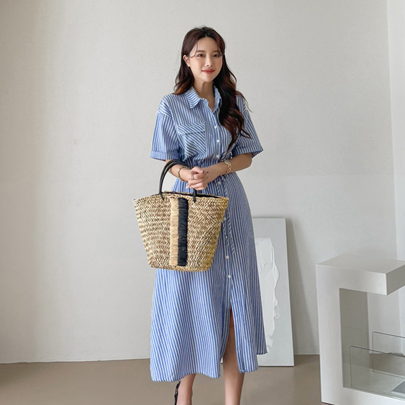Stripe Korean style shirt summer long dress for women