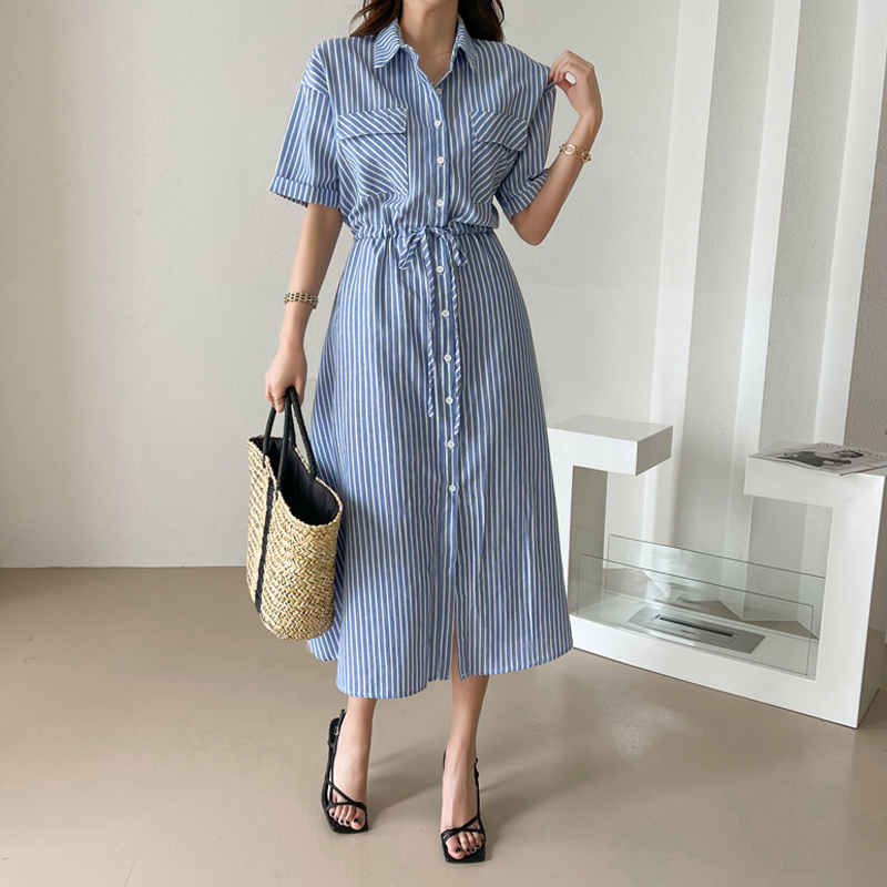 Stripe Korean style shirt summer long dress for women