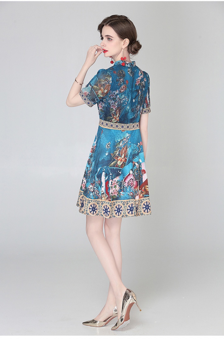 Pinched waist printing autumn court style dress
