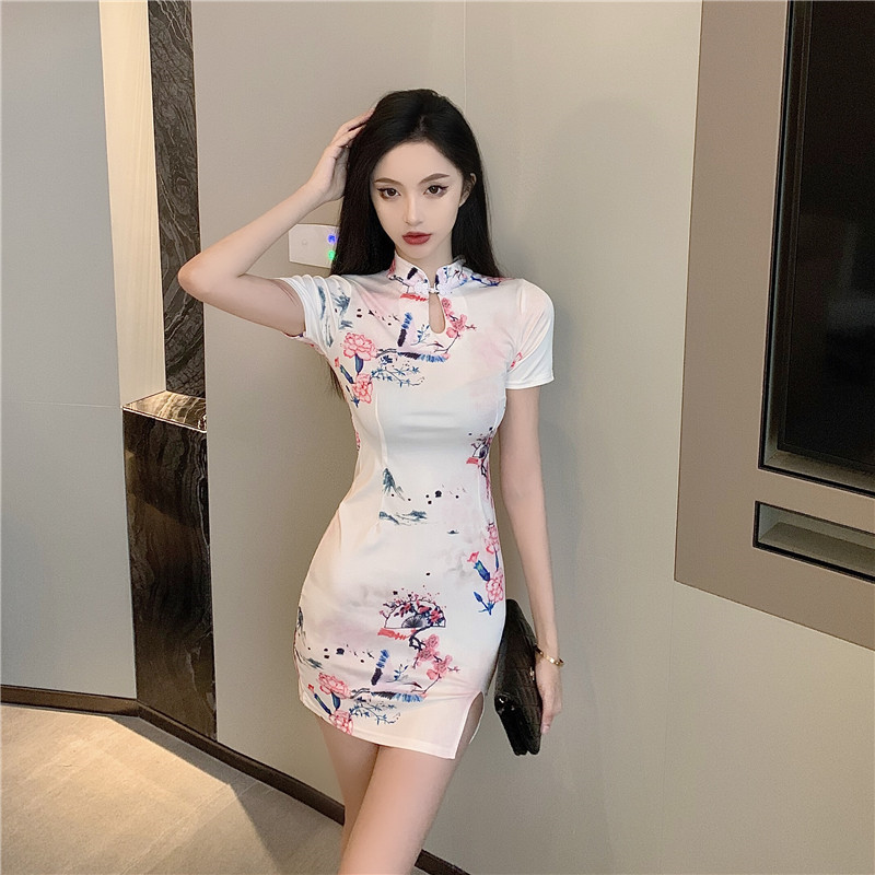 Printing split cheongsam retro slim dress