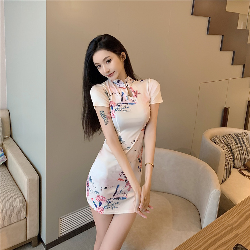 Printing split cheongsam retro slim dress
