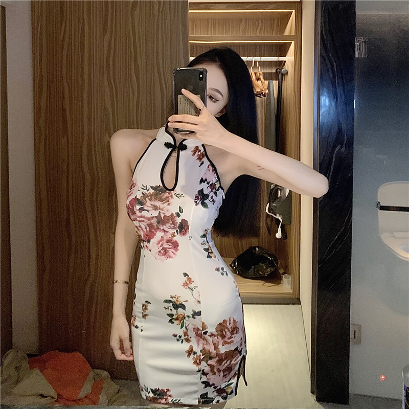Pullover bottoming sexy dress halter printing cheongsam