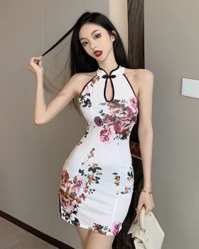 Pullover bottoming sexy dress halter printing cheongsam