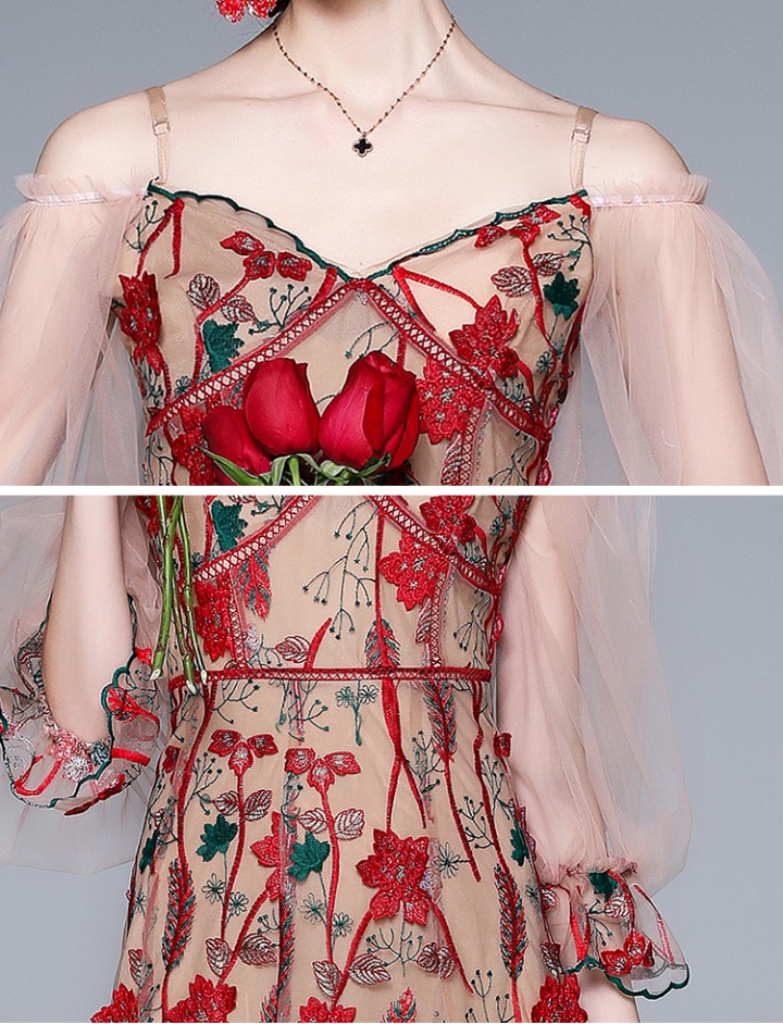 Summer floral embroidery long dress lady gauze sling dress