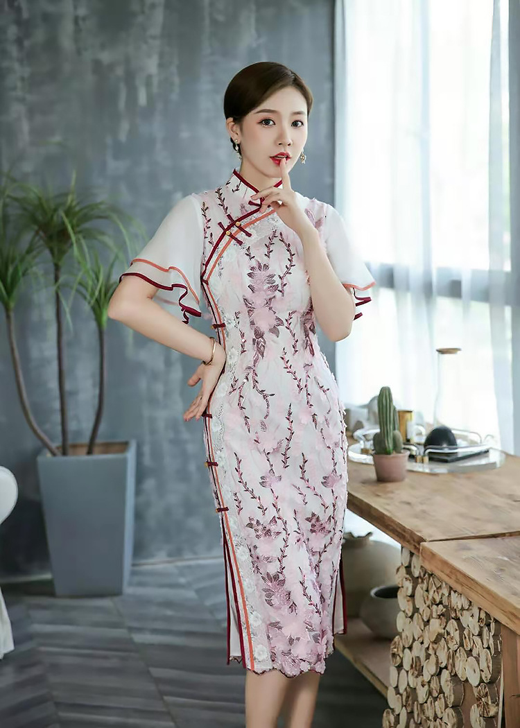 Summer lotus sleeve dress retro pinched waist cheongsam