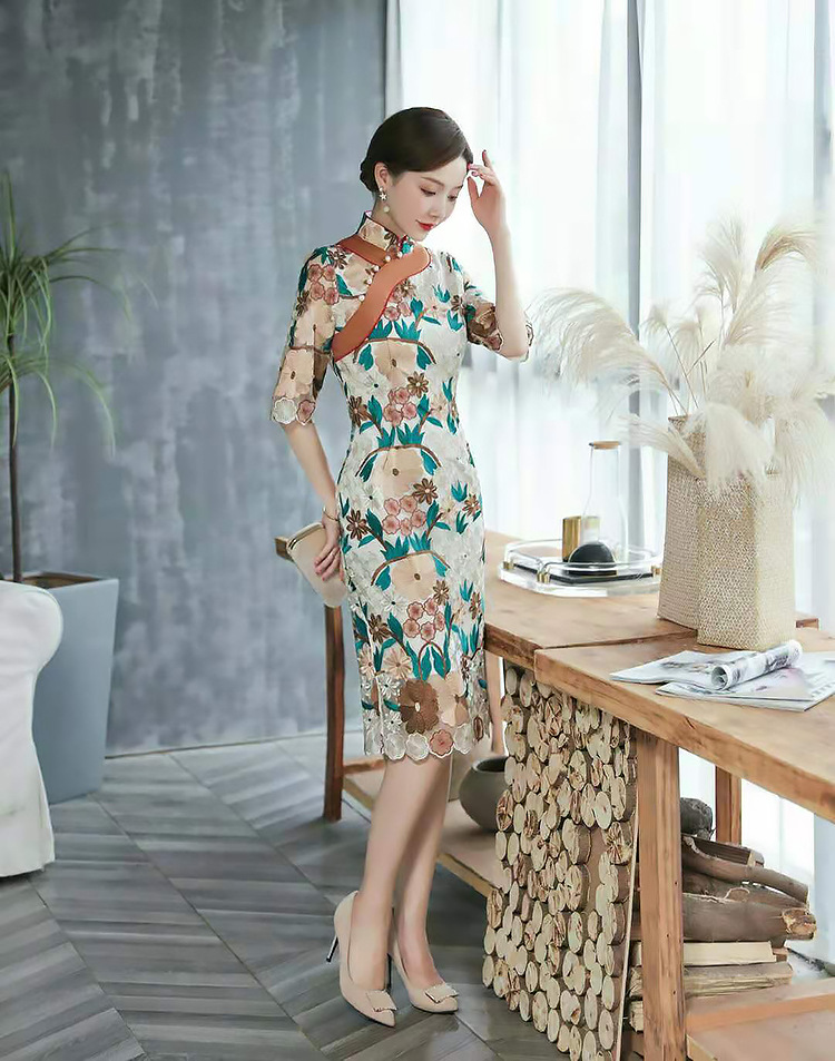 Long stand collar summer dress slim embroidery cheongsam