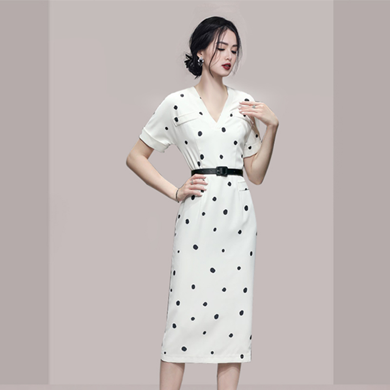 Korean style slim V-neck summer short sleeve dress