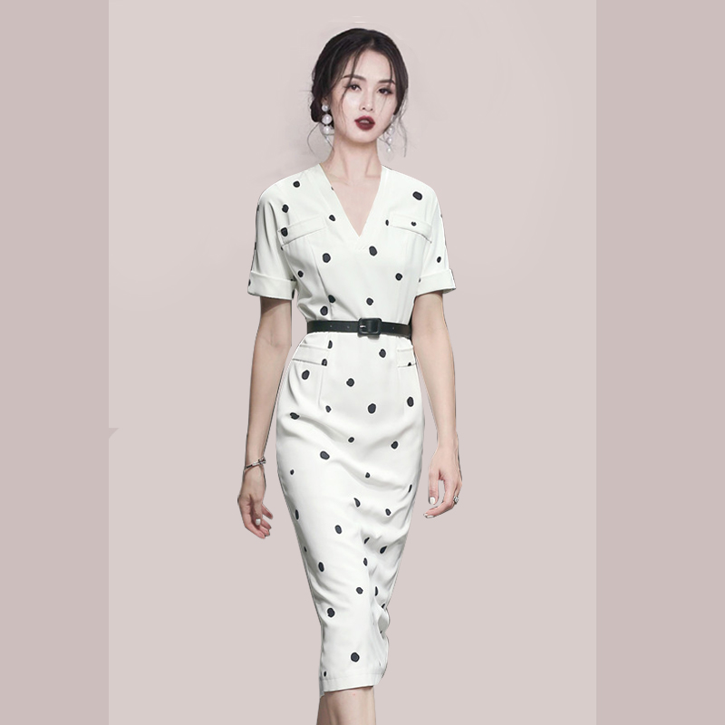 Korean style slim V-neck summer short sleeve dress
