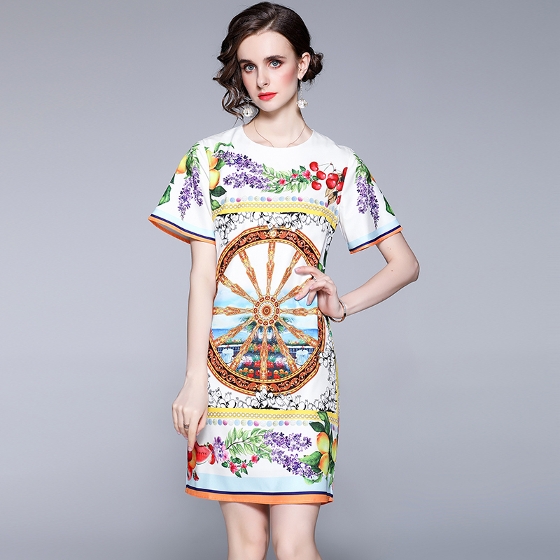 Printing European style fashion loose round neck slim dress