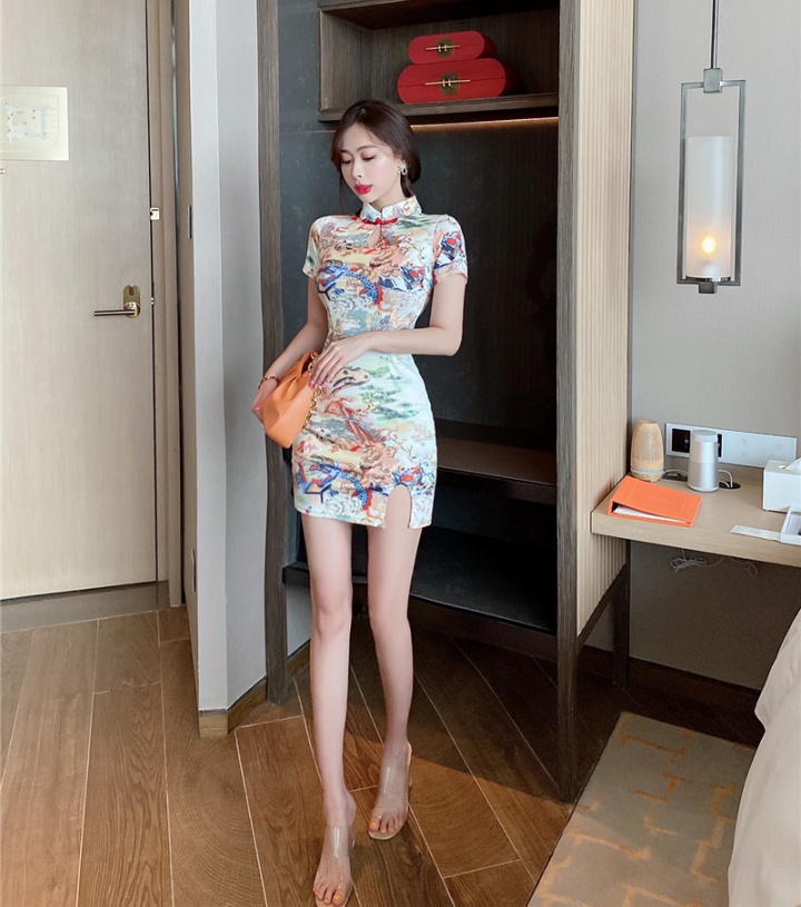 Slim retro dress split printing cheongsam