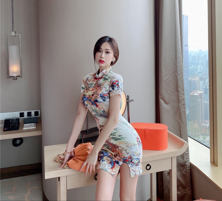 Slim retro dress split printing cheongsam
